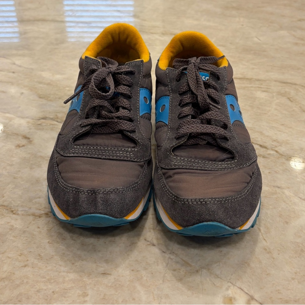 Saucony Retro Low Top Sneakers Gray Blue Yellow Size 8 Lace Up Running Y2K Pop - Picture 3 of 10